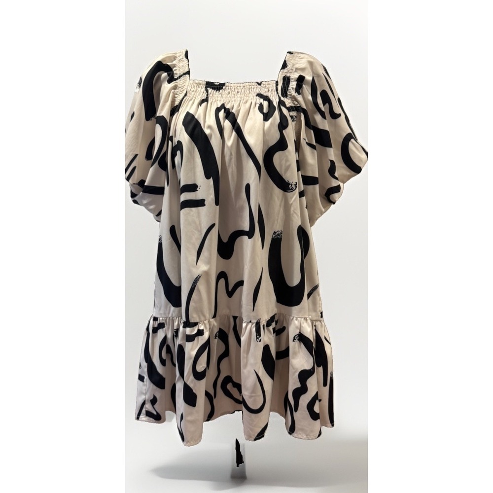 Women's White Black Abstract Print Smocked Square Neck Puff Sleeve Mini Dress S
